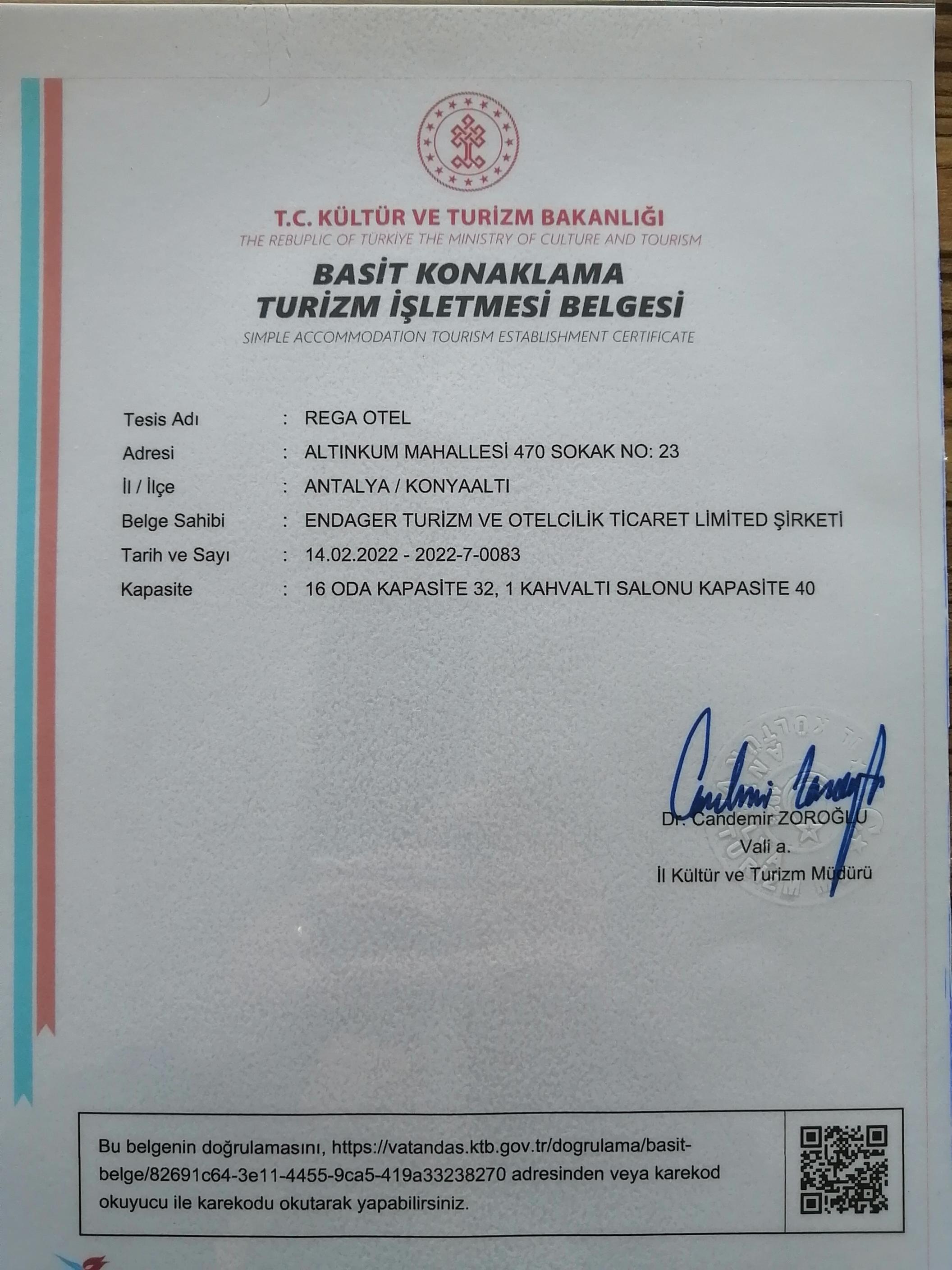 Bakanlık Konaklama Sertifikası - (Ministry Accommodation Certificate)