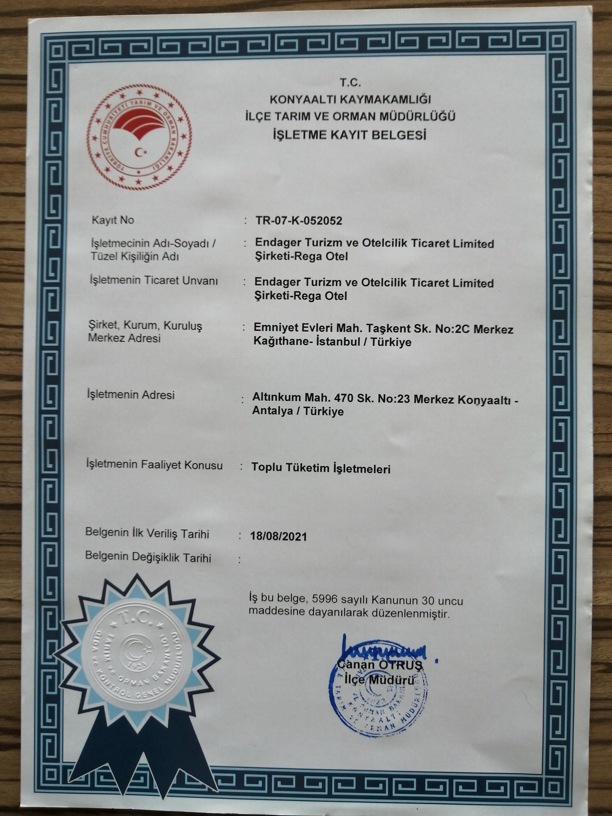 İşletme Kayıt Belgesi - (Business Registration Certificate)